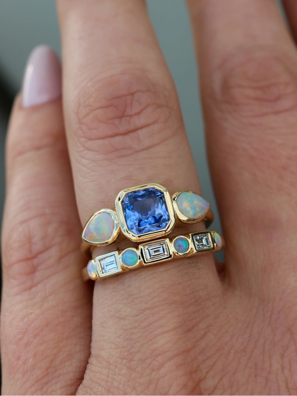 Beautiful Crystal Moissanite Blue Opal and Gold Women's Ring - SIZE 7